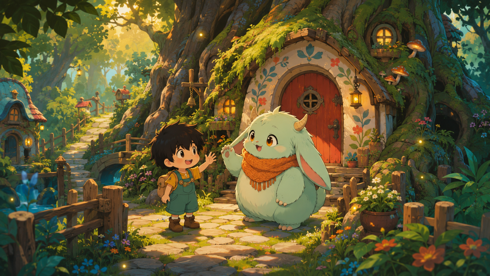 Aiko junto a un pequeño espíritu amistoso del bosque