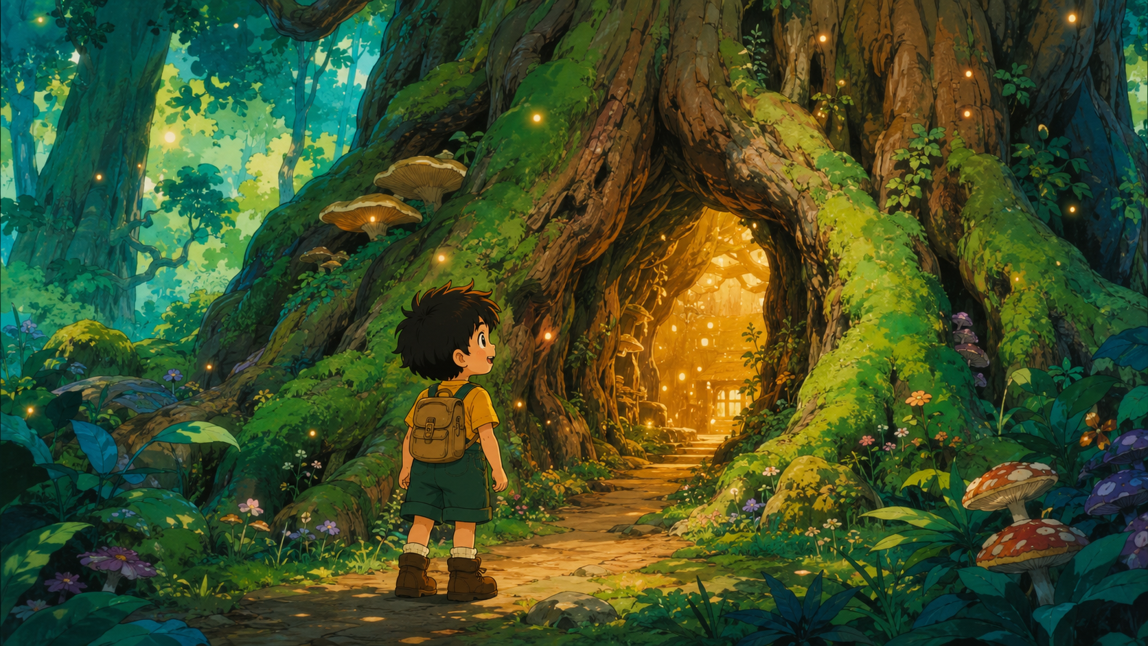 Sendero entre las raíces de un árbol gigante, iluminado con luces cálidas